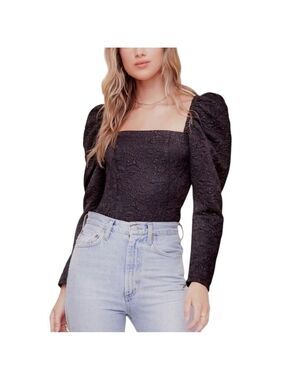 ASTR The Label Remi Puff Sleeve Black Floral Jacquard Sparkle Top